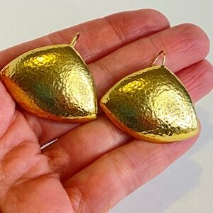 Monet Vintage Gold Tone Hammered Shield Statement Wire Dangle Earrings